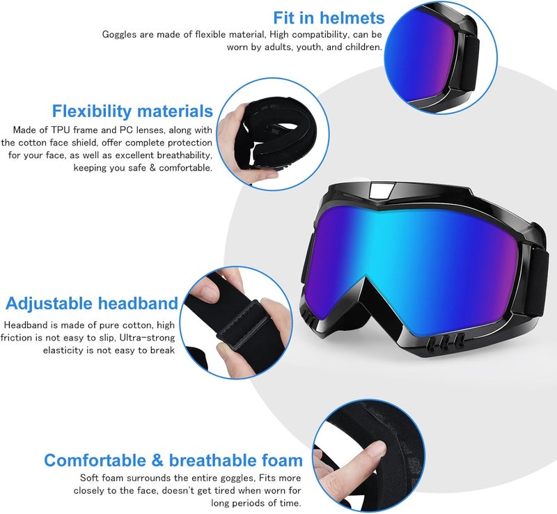 4-FQ Dirt Bike ATV Goggles 2 Pack with Neck Gaiter, Motorcycle Motocross Eyewear Wide Vision Windproof Glasses, Riding Racing & Ski Goggles, UV400 Anti-Scratch Dustproof for Adult Youth Color Lens - Image 4
